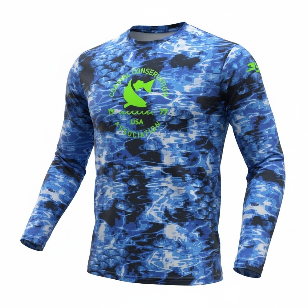 CCA Fishing Shirt Mens Large Blue Camo Excellent Long‎ Sleeve Performance Tee